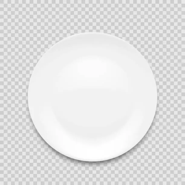 Vector illustration of empty white plate isolated on white background. Vector illustration.
