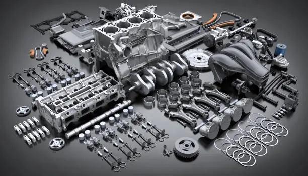 Photo of Car engine disassembled. many parts.