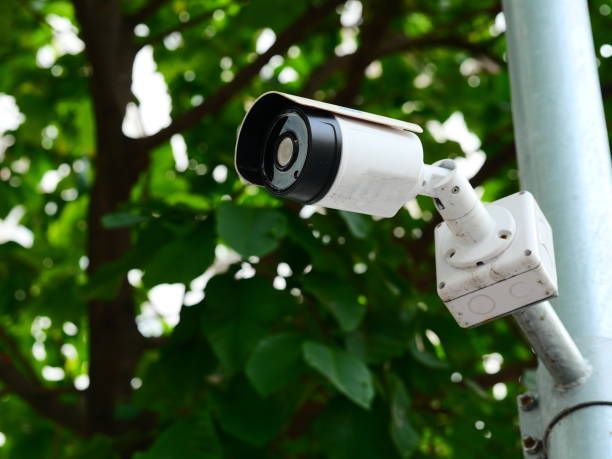 istock Outdoor surveillance camera on pole in garden 1139698402