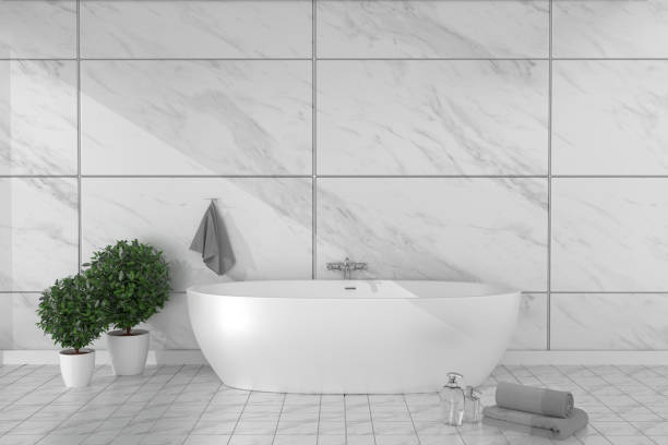 istock Bathroom interior bathtub in ceramic tile floor on granite tiles wall background - empty white concept. 3d rendering,mock up 1139700831