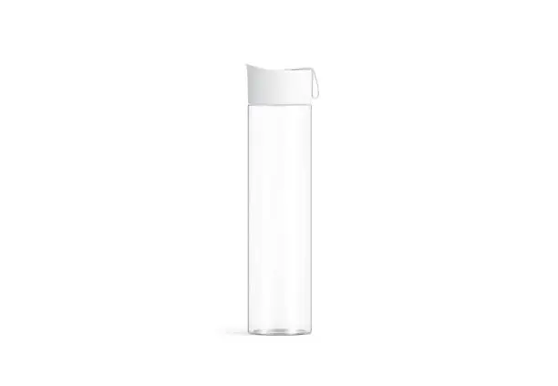 Blank white glass sport bottle mockup, isolated, front view, 3d rendering. Empty crystal can with cap mock up. Clear take away flask for camping or extreme tourism template.