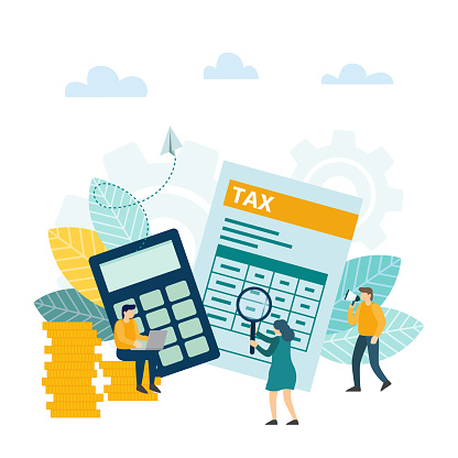 Concept tax payment. Tax financial analysis, tax online, accounting service concept. Businessman calculation tax return. Vector illustration.