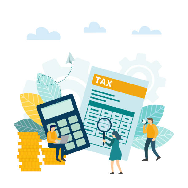Tax financial analysis, tax online, accounting service concept. Concept tax payment. Tax financial analysis, tax online, accounting service concept. Businessman calculation tax return. Vector illustration. tax backgrounds stock illustrations