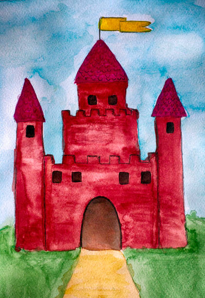 Castle. Watercolour child hand drawing. Close-up.