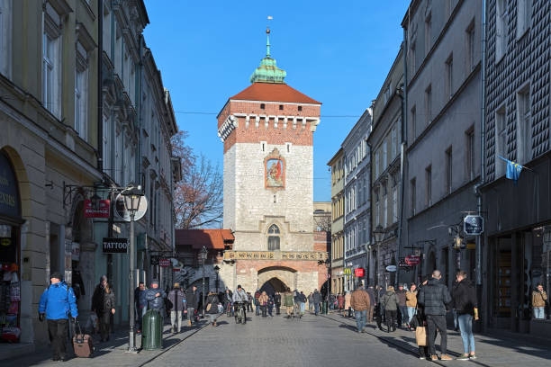 Krakow, Poland - December 16, 2016: St. Florian's Gate. It is one of the best-known Polish Gothic towers, and a focal point of Krakow's Old Town. It was built about the 14th century.