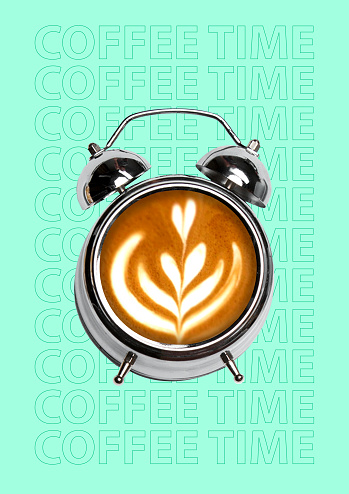 A coffee break. Time for cappucino, americano, latte or espresso. A clock or alarm filled with hot drink and white milk foam on blue background. Negative space. Modern design. Contemporary art collage.