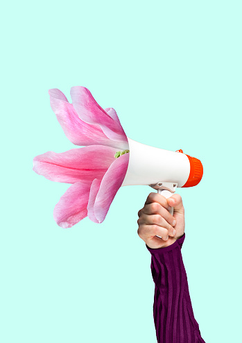A tender reminder. Social talks may grow into useful things. Males hand holding bullhorn with blossoming light pink flower. Negative space to insert your text. Modern design. Contemporary art collage.