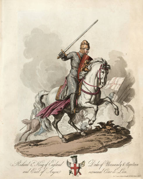 Vintage engraving of Richard the Lionheart, Warrior Crusader King, 11th Century. Wearing chain mail armour riding a war house. Ancient costumes of England, 1813