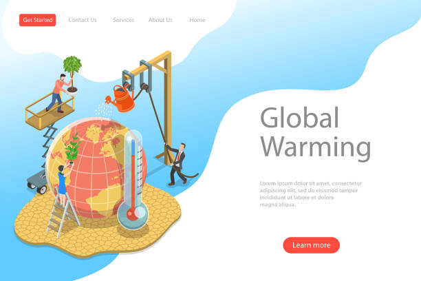 illustrazioni stock, clip art, cartoni animati e icone di tendenza di modello di pagina di destinazione vettoriale piatta isometrica del riscaldamento globale, del cambiamento climatico. - global warming earth globe warming up