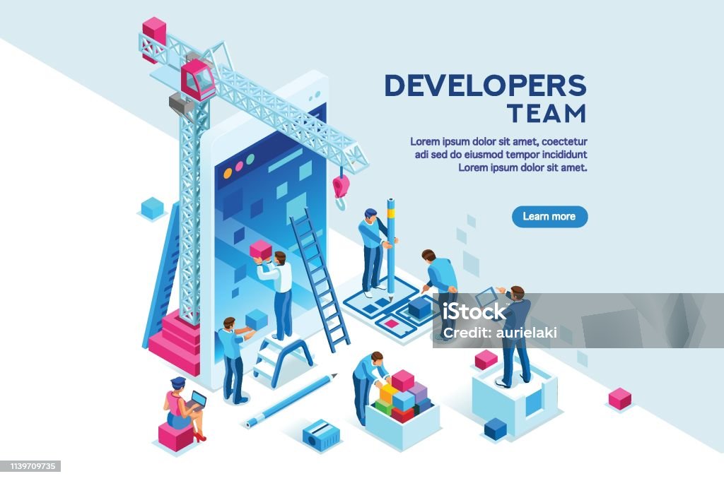 Device Content Place Isometric UI design concept with character and text for designer. Device content place infographic. Software group, kit for phone seo programming. UX, digital hero creative flat isometric vector illustration. Isometric Projection stock vector