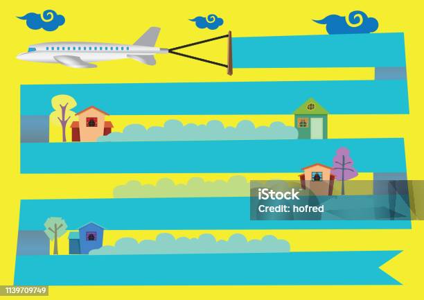 Airplane With Banner Flying Over Houses Vector Cartoon Illustration Stock Illustration - Download Image Now