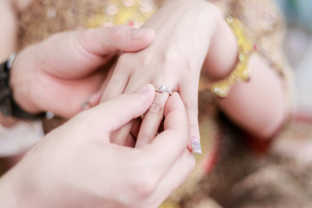 istock groom wears ring on bride's finger in wedding ceremony 1139712410
