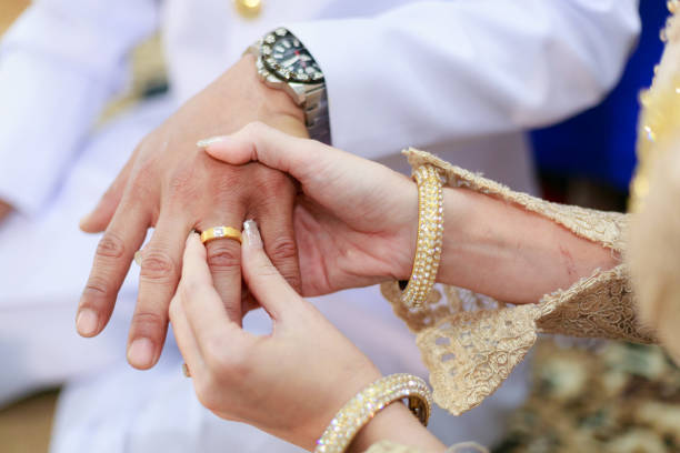 istock groom wears ring on bride's finger in wedding ceremony 1139712504