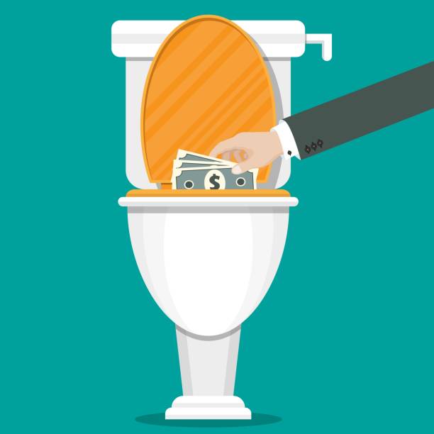 Businessman hand putting dollar bills in the toilet. Vector illustration in flat style. Businessman hand putting dollar bills in the toilet. Vector illustration in flat style. flushing toilet stock illustrations