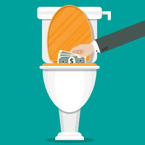 Vector illustration of Businessman hand putting dollar bills in the toilet. Vector illustration in flat style.