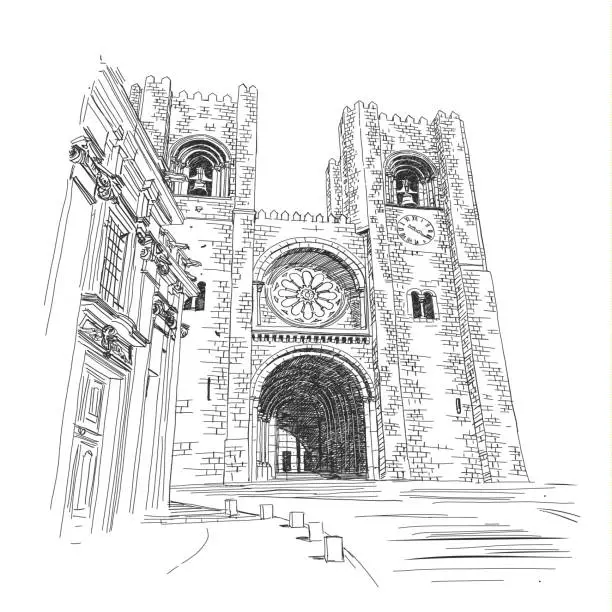 Vector illustration of Ascensor Santa Justa Lisbon, Portugal-Hand drawn Illustration