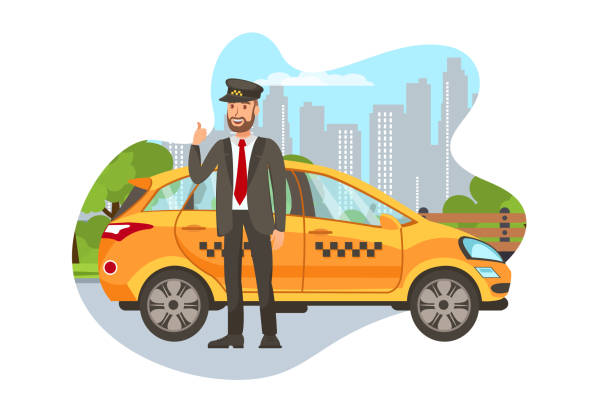 Taxi Driver with Car Isolated Cartoon Character Taxi Driver with Car Isolated Cartoon Character. Happy Cab Driver Standing near Car, Showing Thumbs Up Flat Illustration. Transport Booking. Chauffeur in Uniform. Auto Rental Design Element taxi driver stock illustrations
