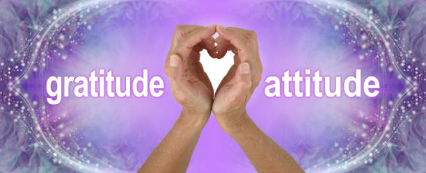 female hands making a heart shape with the words GRATITUDE  ATTITUDE either side on a wide purple background with sparkling border