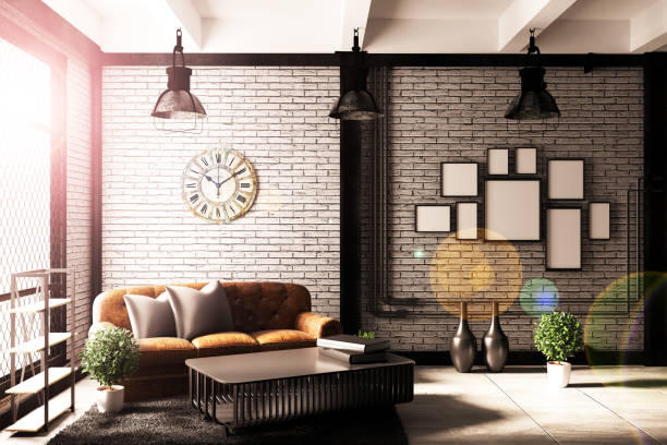 ロフトリビングルームイ�ンテリアデザイン - loft apartment design studio office studio ストックフォトと画像