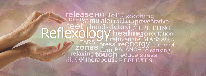 pair of cupped hands around the word REFLEXOLOGY surrounded by a word cloud on a subtle pale feathered   parchment background