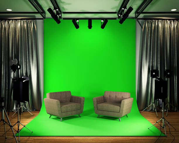 studio big-modern film studio mit green screen. 3d-rendering - studio shot flash stock-fotos und bilder