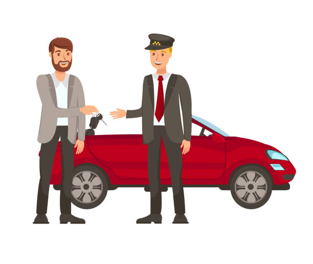 ilustrações de stock, clip art, desenhos animados e ícones de driver and passenger flat vector illustration - valet parking