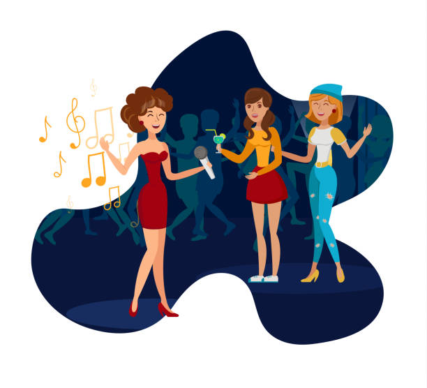 Night Club Party, Concert Flat Vector Illustration Night Club Party, Concert Flat Vector Illustration. Elegant Singer with Microphone and Guests Isolated Design Element. Cartoon Girlfriends Enjoy Bachelorette Party. Disco, Karaoke Bar, Beach Cafe bachelorette beach stock illustrations