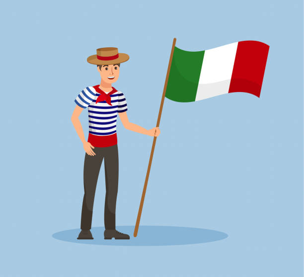 Italian Guy with National Flag Vector Illustration Italian Guy with National Flag Vector Illustration. Young Man in Striped T shirt Cartoon Character. Gondolier in Traditional Clothes. Travel to Europe, Vacation Isolated Design element gondolier stock illustrations