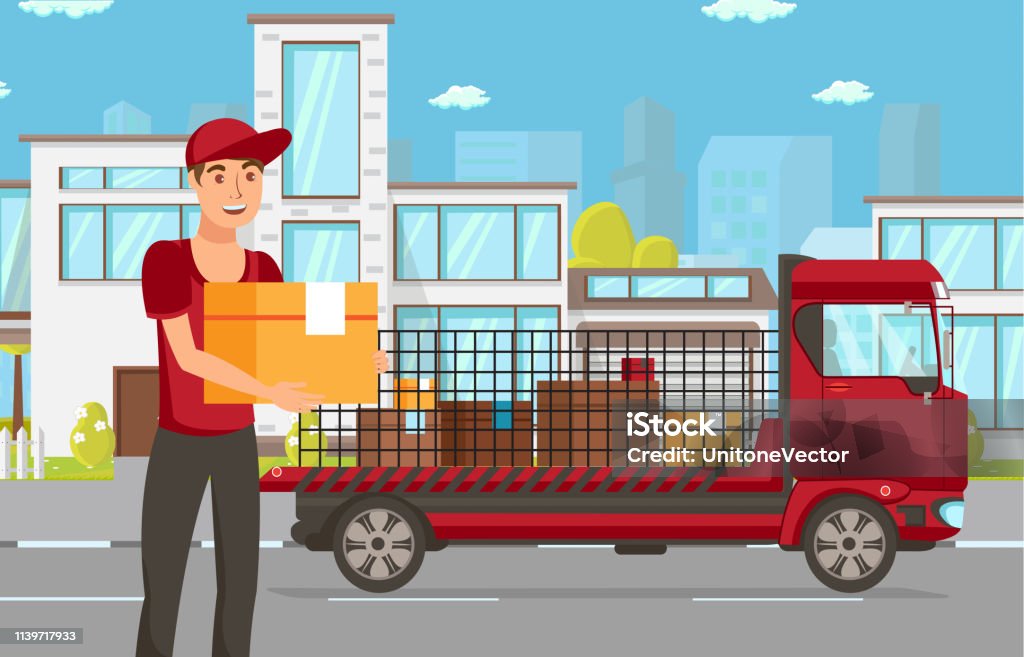 Delivery for Online Purchases Vector Illustration Delivery for Online Purchases Vector Illustration. Courier near Truck with Parcels, Packages. Goods, Products Shipment Concept Idea. Delivering Cardboard Boxes. Cargo Shipping. Cityscape Customer stock vector