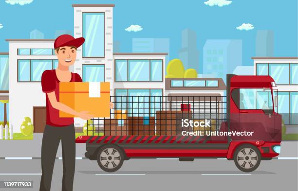 Delivery For Online Purchases Vector Illustration Stock Illustration - Download Image Now - Customer, Delivering, Drawing - Art Product