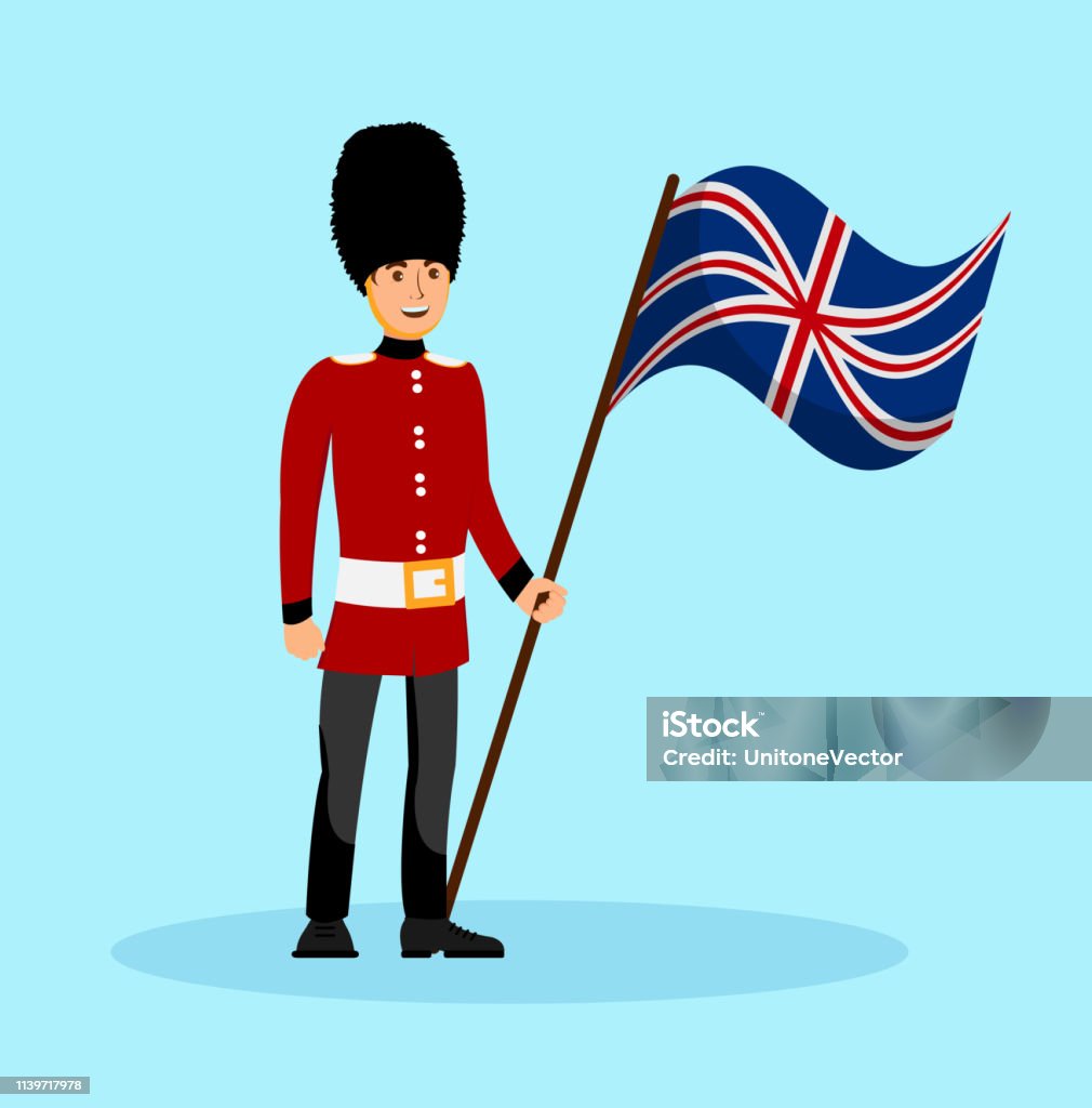 Beefeater, England Queen Guard Vector Illustration Beefeater, England Queen Guard Vector Illustration. Man in Traditional UK Military Uniform Cartoon Character. Person Holding Britain Flag. Travel to London Cartoon stock vector