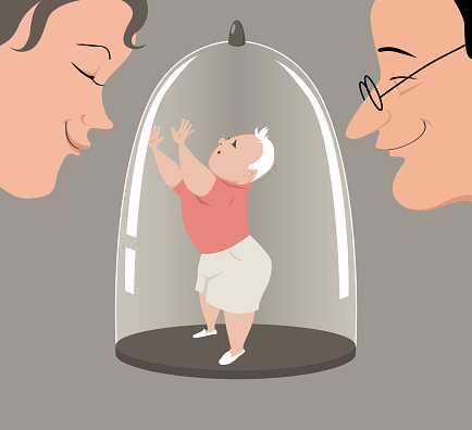 Overprotective parents keeping a child in a glass dome display, EPS 8 vector illustration