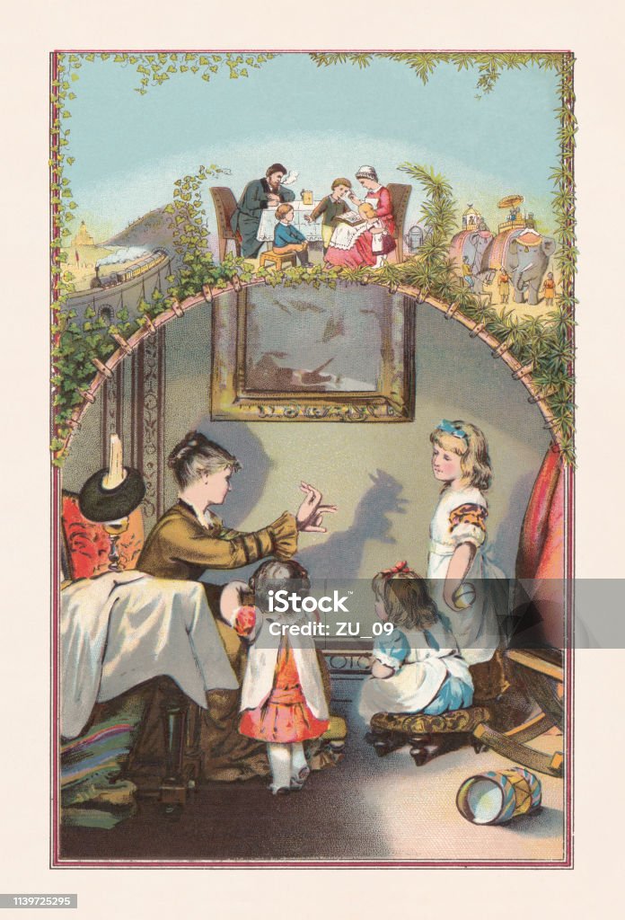 Shadow play, nostalgic illustration from the past, chromolithograph, published 1888 Shadow play, nostalgic illustration from the past. Chromolithograph after a drawing, published in 1888. Theatrical Performance stock illustration