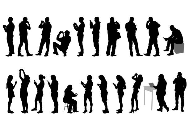 People with smartphone Young woman and man with phone on a white backgroun computer silhouettes stock illustrations