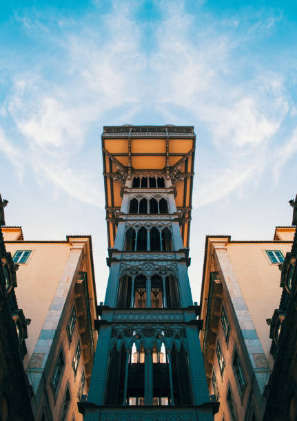 Santa Justa Lift lisbon Portugal Santa Justa Lift lisbon Portugal, low angle skies santa justa lift portugal stock pictures, royalty-free photos & images