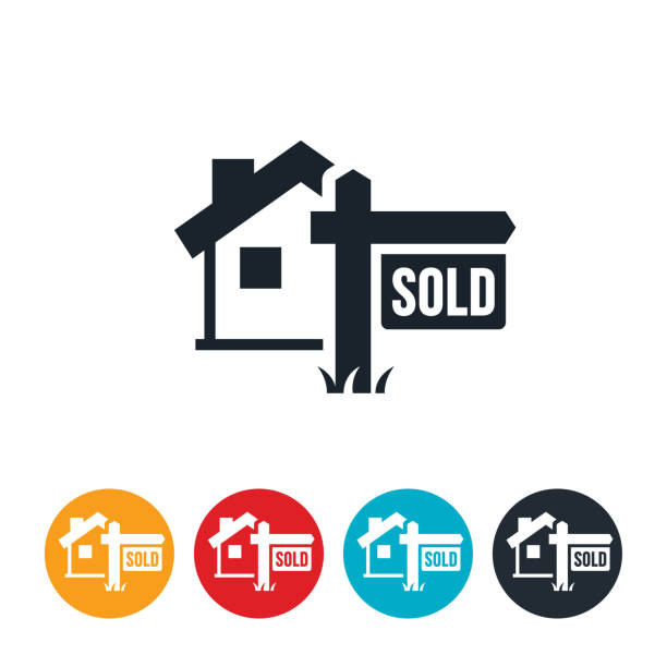 House Sold Icon An icon of a home with a sold sign in the front yard. The icon represents a house that was for sale and sold. selling stock illustrations