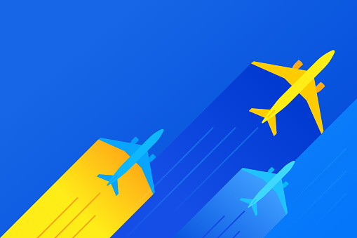 Commercial air travel airplane flights background banner with space for your copy.
