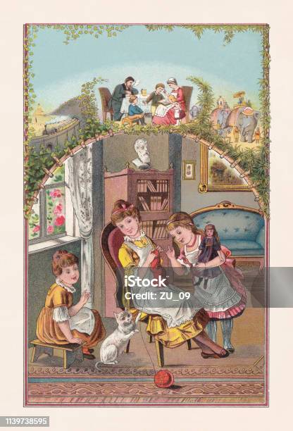 Mother And Daughters At Home Chromolithograph Published In 1888 Stock Illustration - Download Image Now
