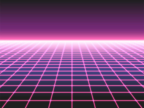 Retro futuristic neon grid background, 80s design perspective distorted plane landscape composed of crossed neon lights or laser beams Retro futuristic neon grid background, 80s design perspective distorted plane landscape composed of crossed neon lights ol laser beams, synthwave or retro wave styled vector illustration 1980s style stock illustrations