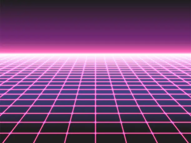 Vector illustration of Retro futuristic neon grid background, 80s design perspective distorted plane landscape composed of crossed neon lights or laser beams