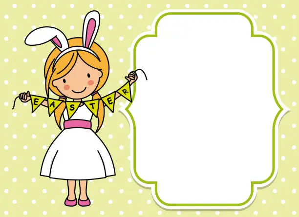 Vector illustration of Happy easter card. Girl dressed as a rabbit