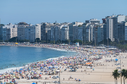 Beach in Brittany crowded with people during the summer holidays in France