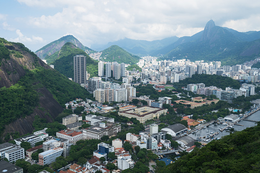 View from the Sugarloaf Mountain towards Botafogo district. The statue of Christ the Savior can be seen in the distance.