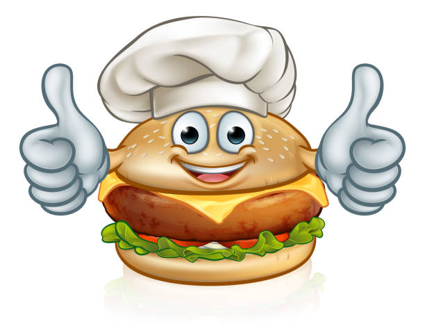 요리사 버거 음식 만화 캐릭터 마스코트 - hamburger bun barbecue sign stock illustrations