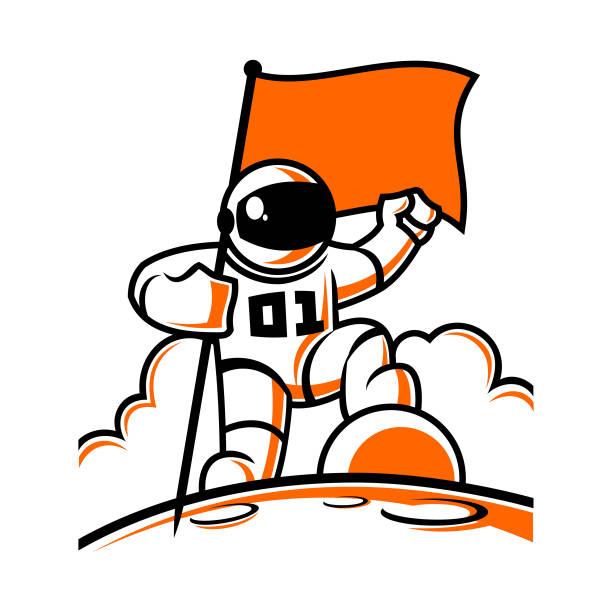 Astronaut character in space suit with flag Astronaut character in space suit with flag vector illustration astronaut icons stock illustrations