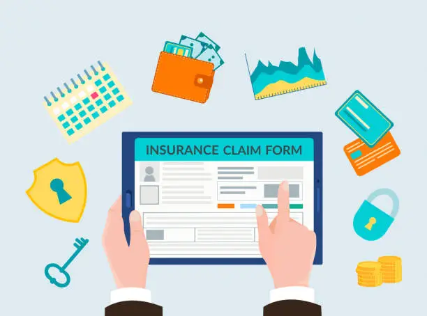 Vector illustration of The hand holding the gadget, form insurance online, insurance symbols shield with keyhole, key, padlock, schedules of revenues, calendar, wallet with cash and credit cards.