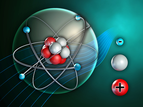 Atom and its constituents. Digital illustration.