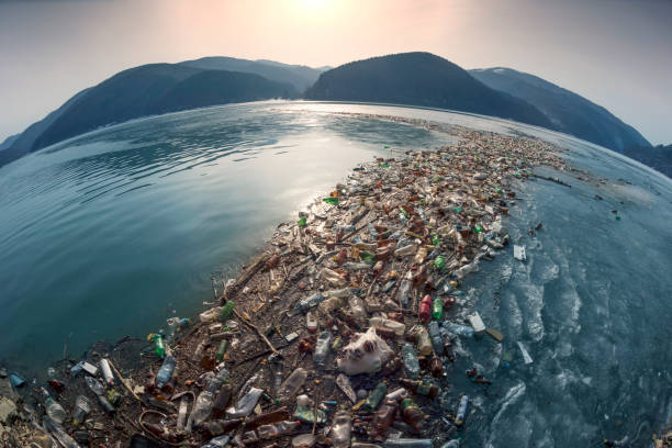 Spring flood and shore with garbage If people do not cease to use plastic disposable plastic dishes, then the seas and oceans of Europe will be polluted by waste of modern civilization plastic pollution photos stock pictures, royalty-free photos & images