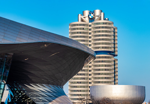 BMW Welt (BMW World), munich, germany - April 01 2019: the BMW Welt in munich at the golden hour with a beautiful sky