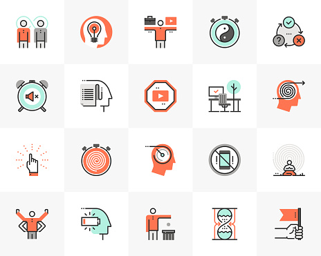 Flat line icons set of proactive personality, productive workflow. Unique color flat design pictogram with outline elements. Premium quality vector graphics concept for web, logo, branding, infographics.